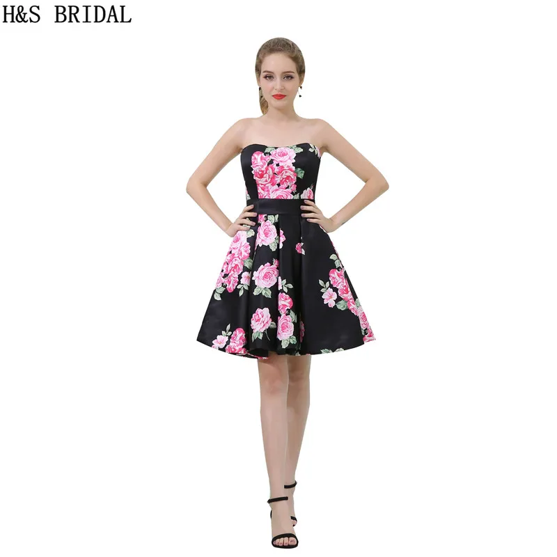 

H&S BRIDAL Print Flower Fabric Short Prom Dresses Beading waist Sheer Neck Short Evening Dress Backless robe de mariee
