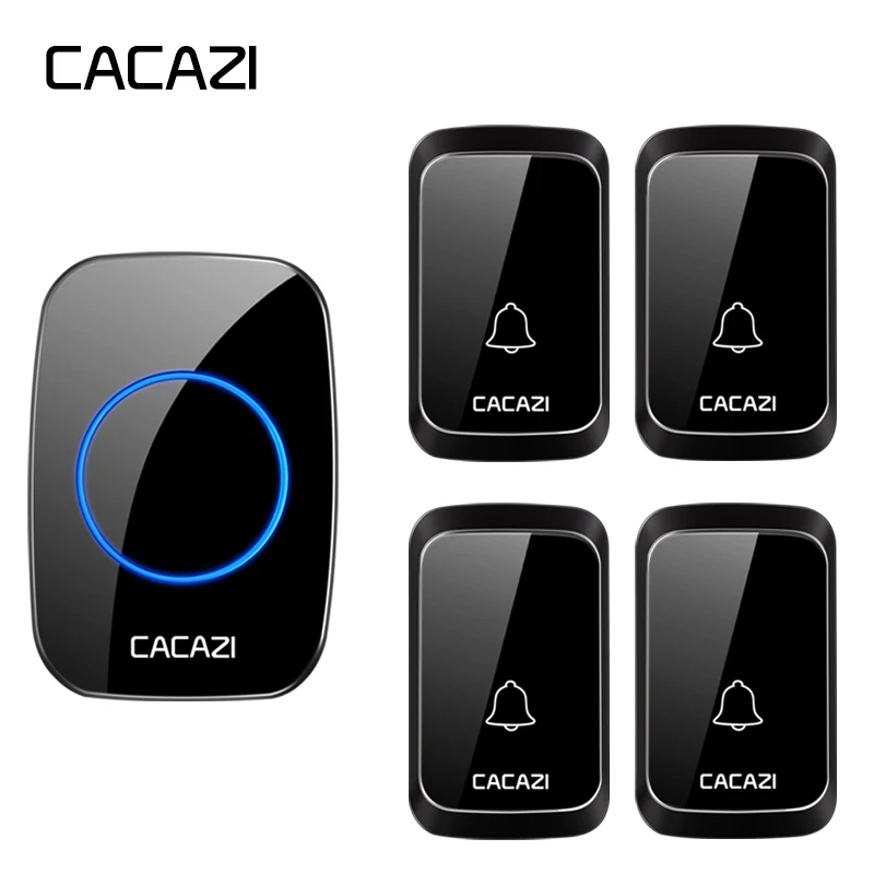 black 4x1 Водонепроницаемый беспроводной дверной звонок CACAZI, работающий от аккумулятора постоянного тока, 4 кнопки x 1 приемник, дистанционный беспроводной дверной звонок 300 м для умного дома - Цвет: black 4x1