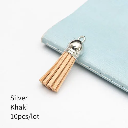 Silver Khaki 10 штук 35 мм кожаные подвески с кисточками из искусственной замши с шапками для брелоков, ремешки для ключей, аксессуары для самостоятельного изготовления, многоцветные - Цвет: Silver Khaki