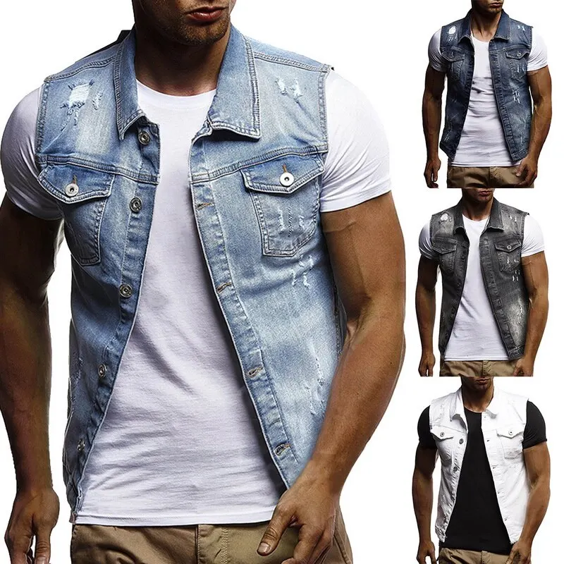 2019 весенний мужской джинсовый жилет ковбойская куртка с рваными дырками топы без