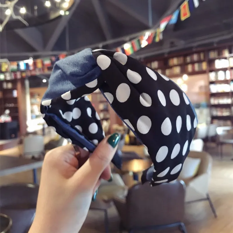 

Korea Color Matching Denim fabric Polka Dot Hair Accessories For Girls Top Knot Cross Hair Band Hair Bow Headbands For Women