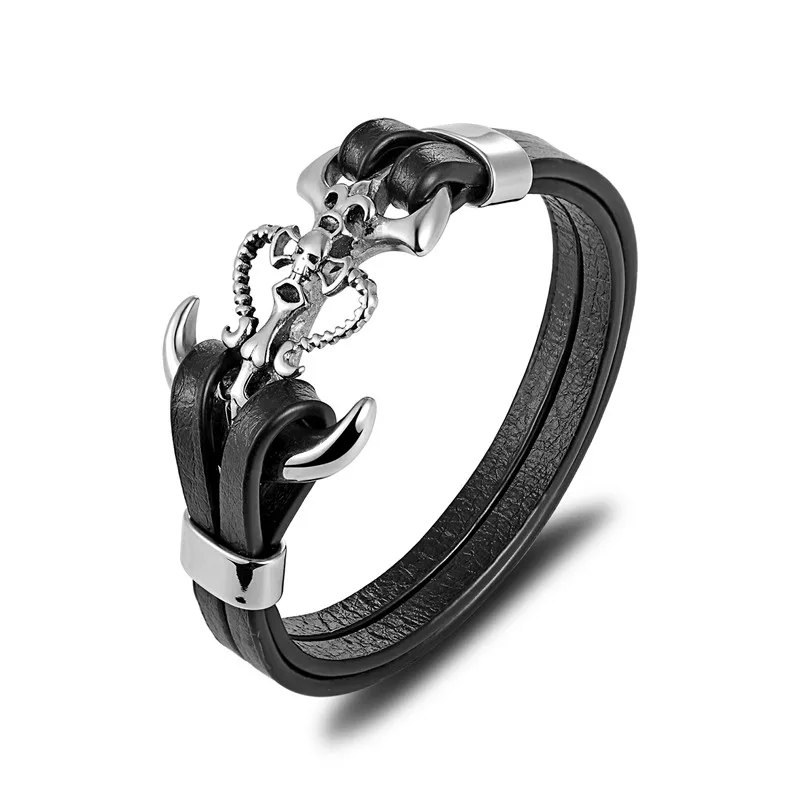 Silver Горячая Распродажа, панк стиль, якорь, браслет для мужчин и женщин, натуральная кожа, нержавеющая сталь, Череп, Орел, браслеты, роскошные ювелирные изделия - Окраска металла: Silver