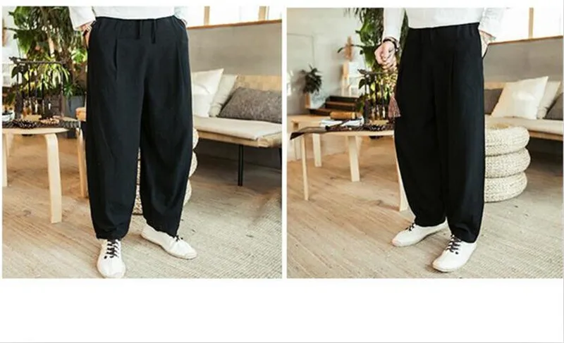 Большие размеры 6XL 7XL мужские широкие брюки хлопковые льняные свободные шаровары летние чистые брюки мужские свободные штаны на шнурке