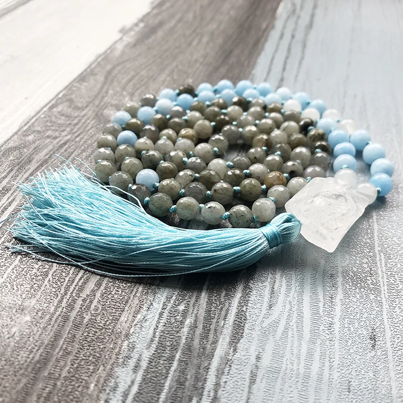 108 Mala Beads ювелирное изделие с узлом ожерелье необработанным кварцем Лабрадорит