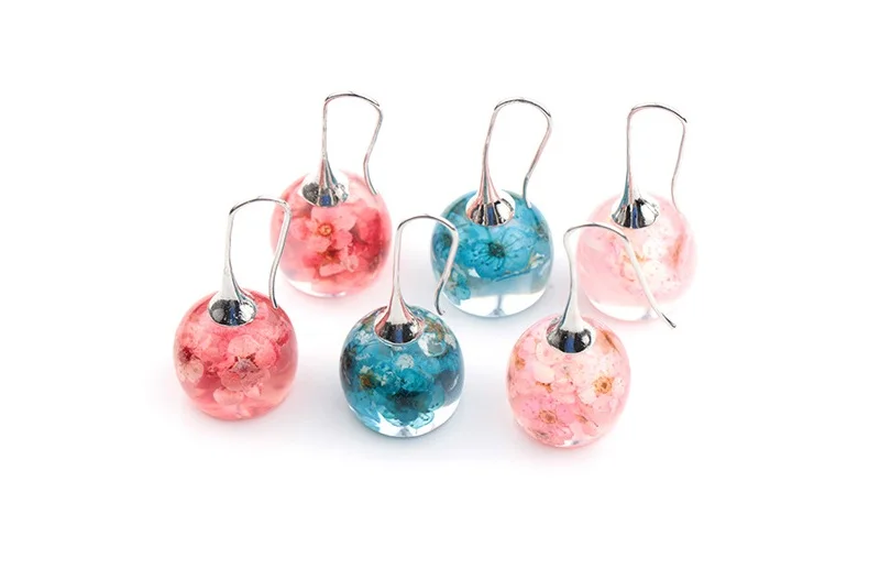 New creative Real Blossom Earrings Flowers In Resin Spheres Silvers ox Earwires Big Gift For Her | Украшения и аксессуары