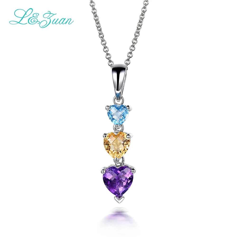 

I&Zuan Fashion 3 Heart Design 925 Sterling Silver Chain Amethyst/Citrine/Topaz Natural Stone Pendant Elegant Necklace For Woman