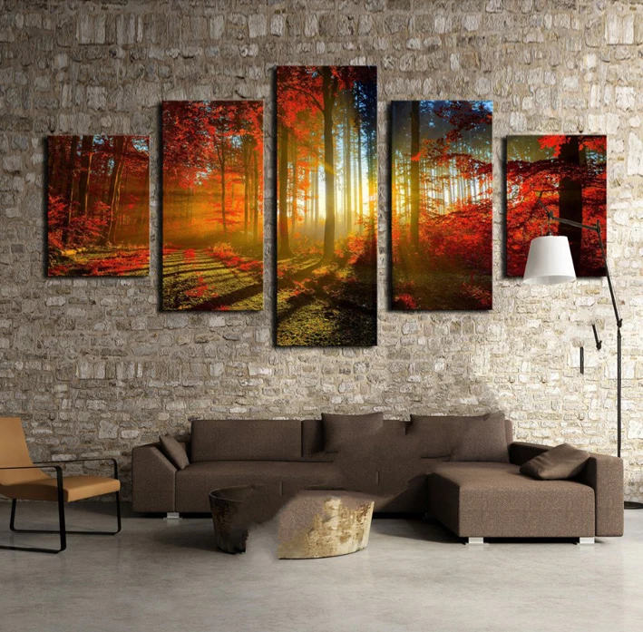 Оригинальный Холст с масляными чернилами солнечный свет через Красные Деревья