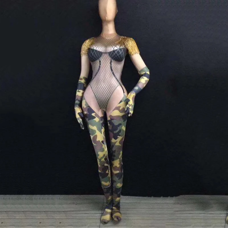 Female Model Rings Acrobatics Singer Camouflage Printed Long Jumpsuit Women GoGo Dance Stage One-piece Costumes DJ352 | Тематическая