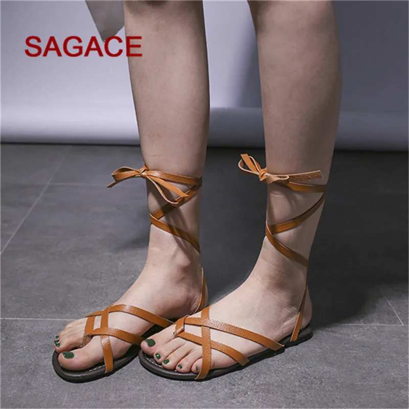Женские сандалии со шнуровкой SAGACE однотонные дышащие римские на плоской подошве