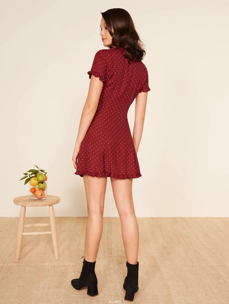 Винтажное платье мини в горошек с коротким рукавом и V образным вырезом|Женские