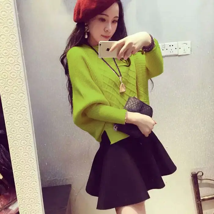 2015 new winter dress Korean side slit long sleeved bat sleeve loose turtleneck sweater knit thickened | Женская одежда