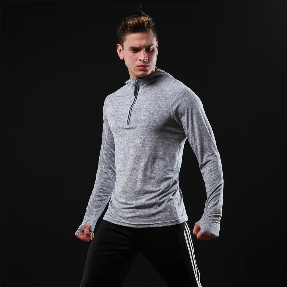 Ganyanr бренд Бег футболка Для мужчин спортивная Фитнес бег футболки Slim Fit Quick Dry Fit с длинным рукавом спортивная толстовка с капюшоном спортивный - Цвет: Серый
