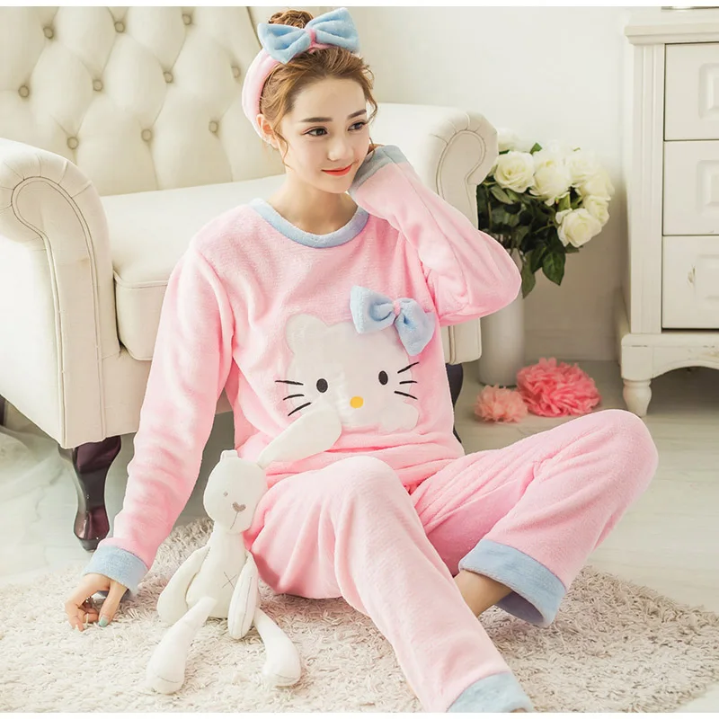 Фланелевые толстые теплые зимние женские пижамы набор мультфильм Kawaii коралловый бархат пуловер с длинными рукавами и брюки ночнушка для женщин