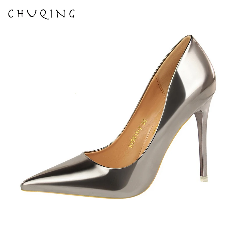 

CHUQING Fashion Metal with High Heels Women's Shoes High-heeled Shallow Mouth Pointed Sexy Nightclub Was Thin Single Shoes
