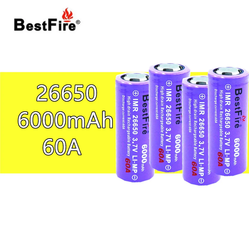 Аккумуляторная литий ионная батарея BESTFIRE IMR 26650 6000 мАч 60 А 4 шт.|Перезаряжаемые