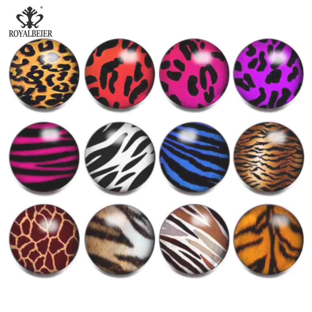 

RoyalBeier 12pcs/lot Mixed 18MM Leopard Pattern Round Domes Photo Print Glass Cabochon Snap Button Fit DIY Snap Bracelets KZ0867