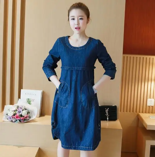 2018 Winter Knee Length Loose Jeans Dress Ladies Autumn Office Long Sleeve Denim Plus Size Women Clothing E51 | Женская одежда
