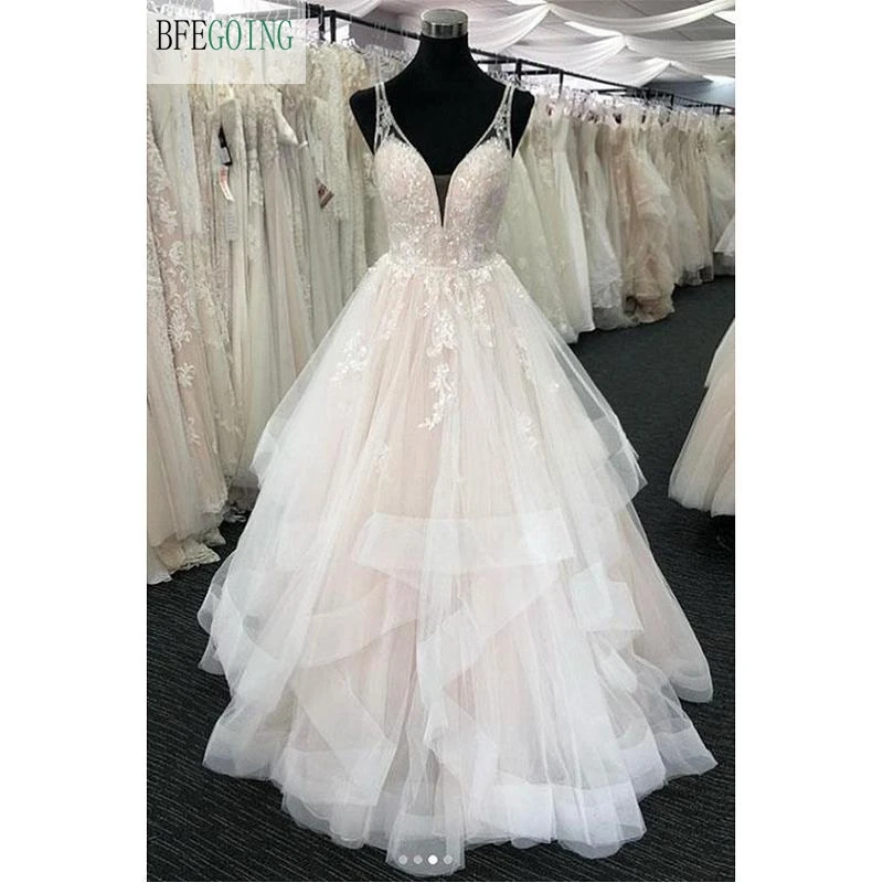 

Ivory Appliques Tulle Beading Lace V-Neck Sleeveless Spaghetti Straps A-Line Floor-Length Wedding Dresses Bridal Gown