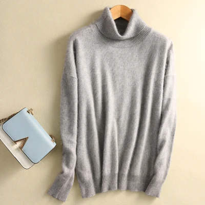 light grey Настоящий норковый кашемировый свитер с высоким воротником и отложным воротником, осенне-зимний женский свитер с длинными рукавами, теплый свитер, хеджирующий Топ - Цвет: light grey