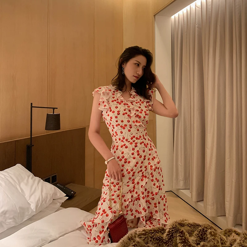 Женское мини платье с вишневым принтом милое асимметричное летнее сексуальное