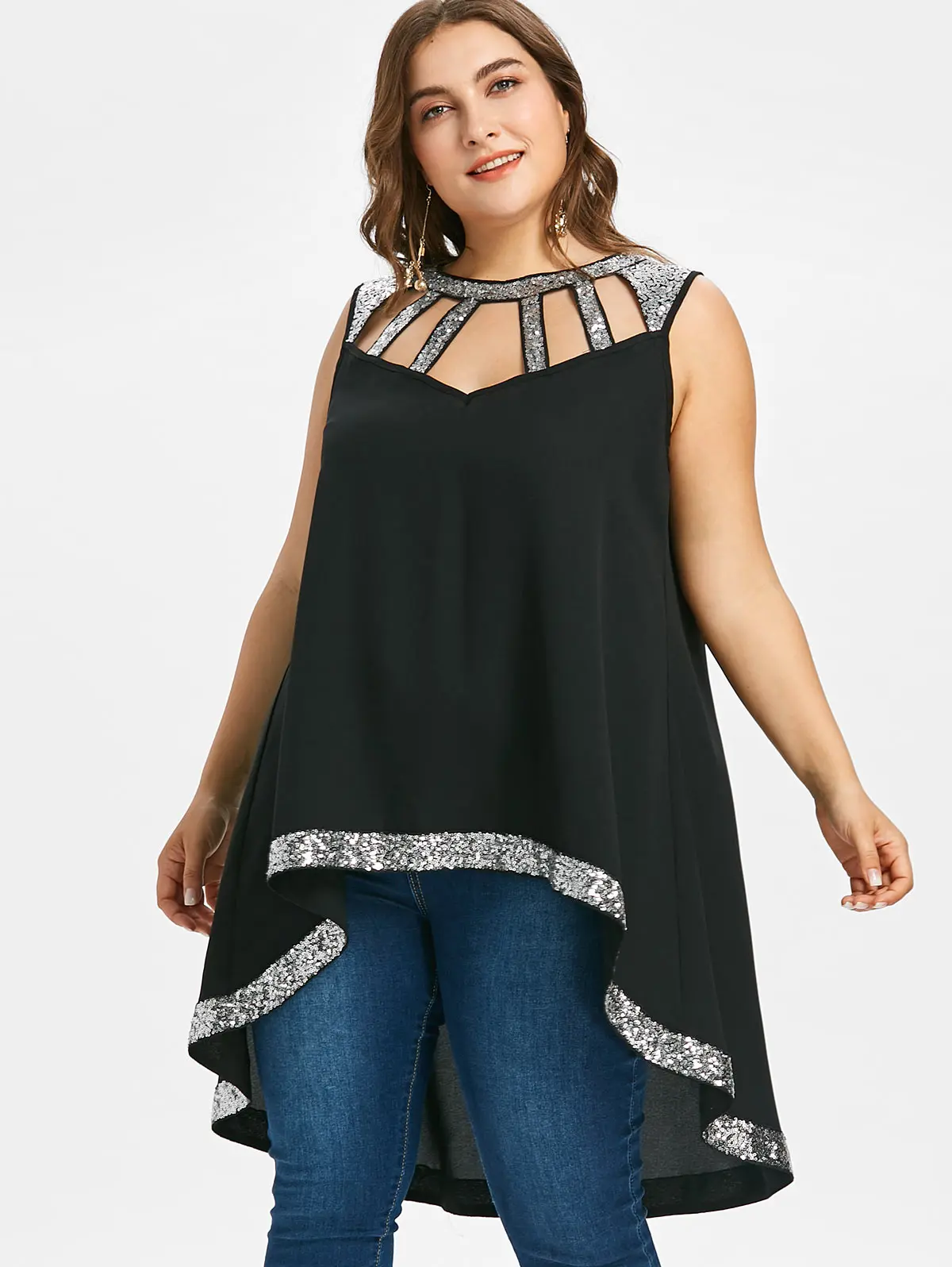 Топ с блестками ROSEGAL Свободный большого размера о-вырезом без рукавов | Женская