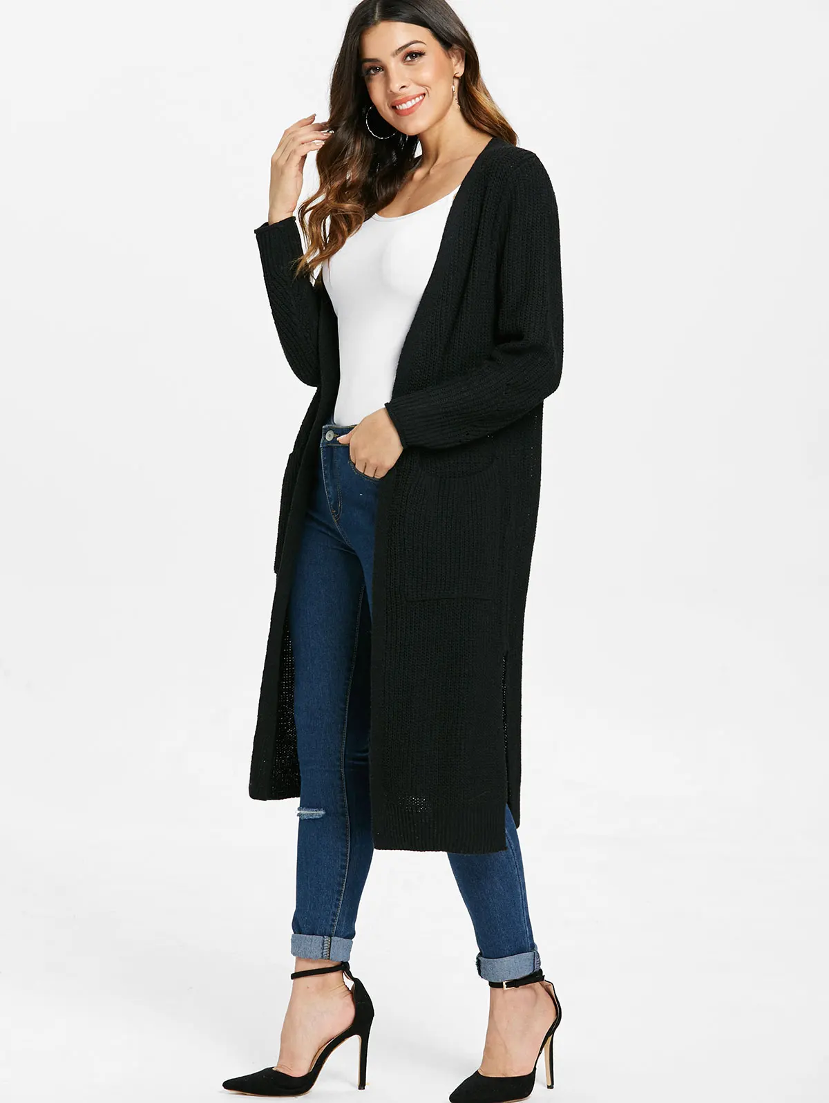 VESTLINDA Long Cardigan Side Slit Duster Knit Sweater Women Clothing Sleeves Female Cardigans 2018 Autumn |