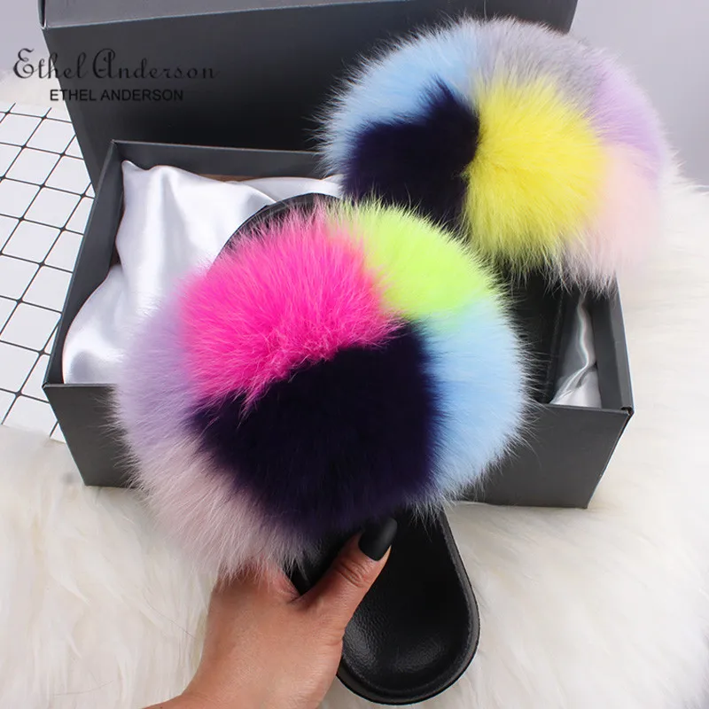 Six Colors Fox Fur Модные шлепанцы с натуральным лисьим мехом; женские модные Вьетнамки; Летние пушистые меховые сандалии; обувь на плоской подошве - Цвет: Six Colors Fox Fur
