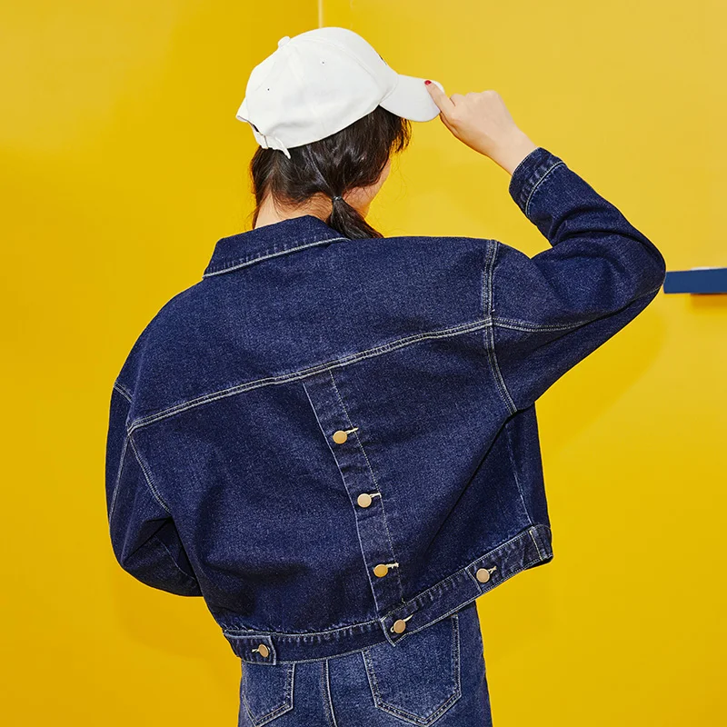 Женская короткая джинсовая куртка LEIJIJEANS классическая повседневная темно синяя