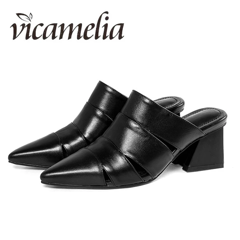 Vicamelia полые острый носок тапочки из натуральной кожи Удобные Модные Комнатные