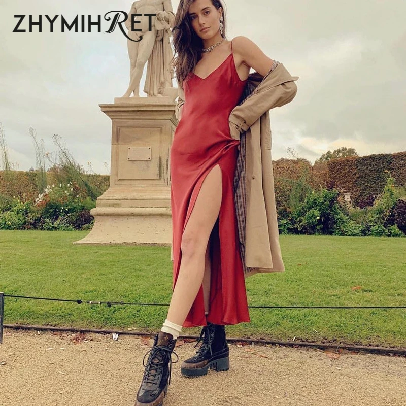 Сексуальное пляжное атласное летнее платье ZHYMIHRET с разрезом женское длинное в