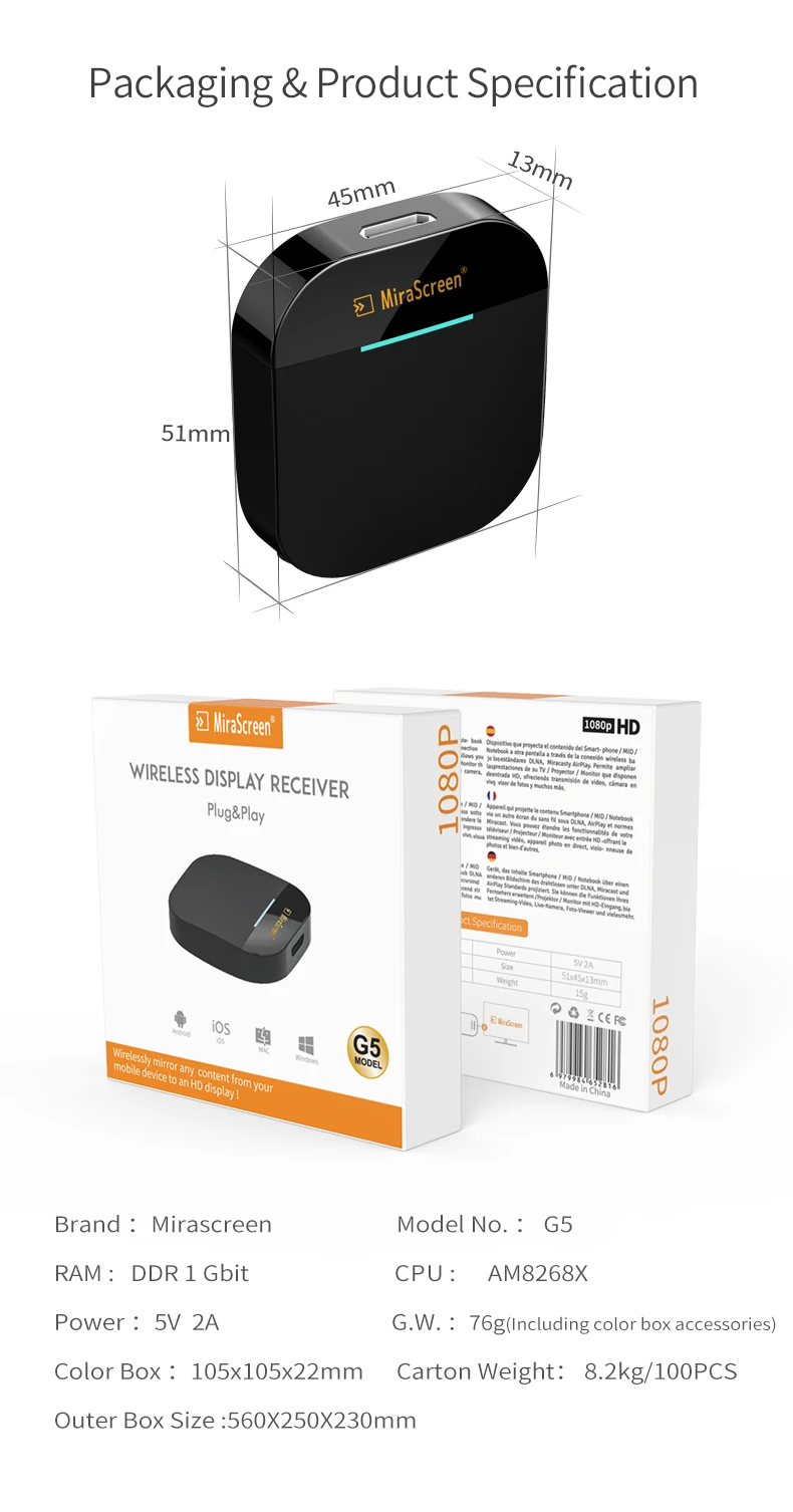 G5A AnyCast tv Stick WiFi Дисплей ТВ ключ Дисплей приемник Airplay отзеркаливание DLNA для смартфона планшета