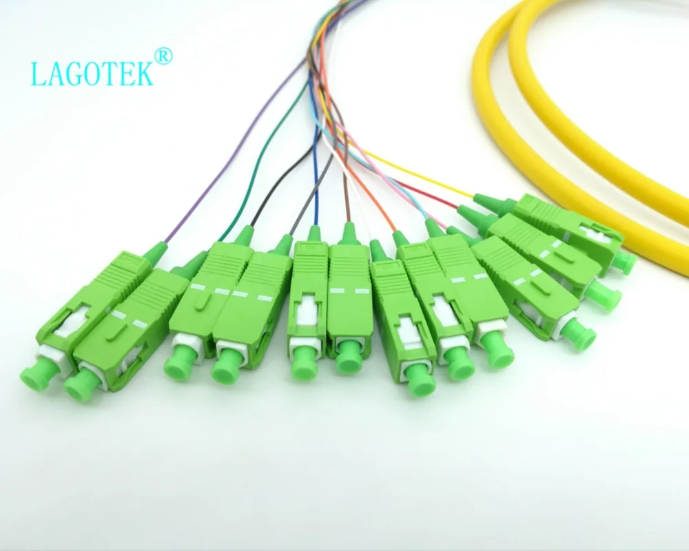 10PCS/LOT  12 Cores 12 colors Fiber 0.9mm 1.2m 9/125 Singlemode SC/APC Bunchy Bundle Pigtail Fiber Optic Pigtail
