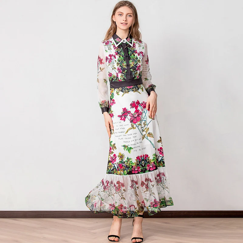 Women's Runway Dresses Turn Down Collar Long Sleeves Printed Beaded Floral Elegant Casual Designer | Женская одежда