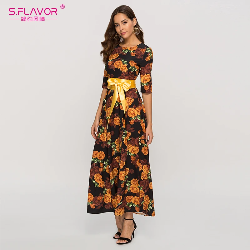 S. Светильник цветное женское длинное платье Осень-зима 2019 рукав 3/4 круглый ворот