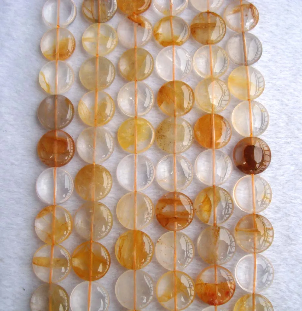 Натуральная желтая кварцевая плоская монета/круглая beads15mm15 5 &quotдля