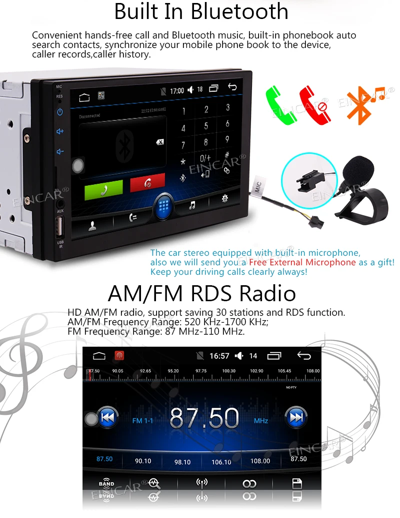 Quad-Core Eincar Autordio Universal Double 2 DIN Android 6.0 Car Stereo GPS Navigation Radio Receiver Bluetooth Head Unit No-DVD |