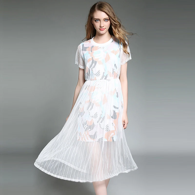 Сетчатые Print Swing Dress Для женщин белый короткий рукав Повседневная обувь для