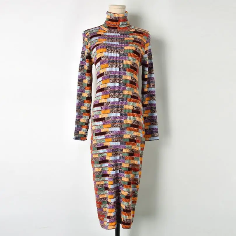 

Factory colorful striped high collar knit dress female Gradient short sleeve Bright silk knit dress wq1671 wholesale