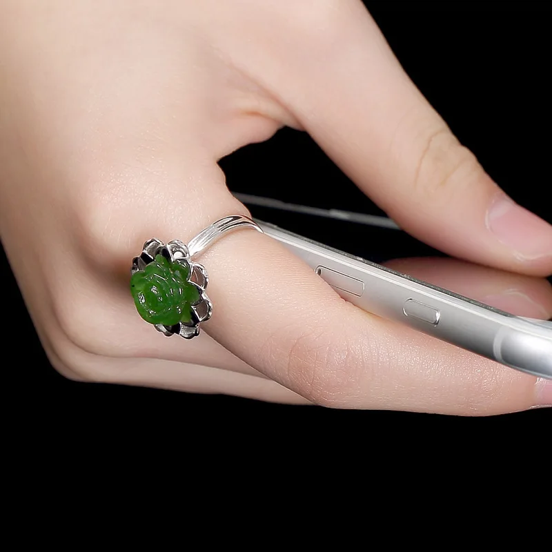 Женское кольцо с натуральным драгоценным камнем зеленое Jade Jasper розовым цветком