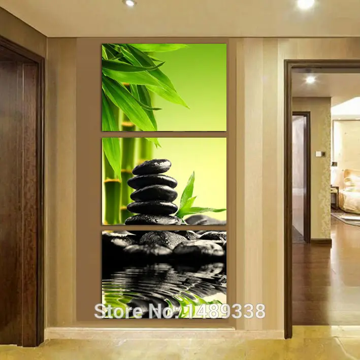 Оригинальные чернила масла 3 Панели Печать холст рок и бамбука живопись для