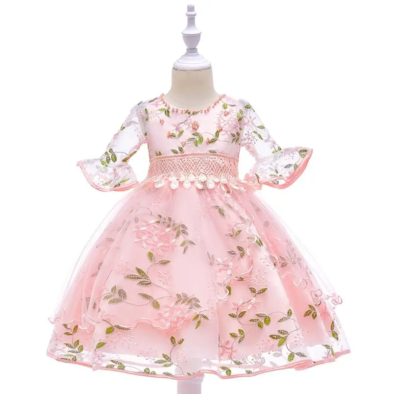 Girl Flare sleeves Embroidered Gauze Princess Dress Neckline Beaded For Child's Wedding Birthday Party Outfits | Детская одежда и