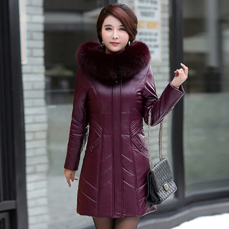 Grape purple UHYTGF/L-7XL, модные зимние кожаные куртки с меховым воротником и капюшоном, Женская роскошная кожаная куртка, хлопковое тонкое теплое Женское пальто 126 - Цвет: Grape purple