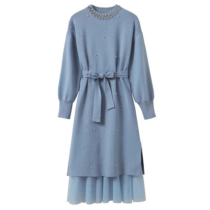 Женское платье свитер 2020 осенне зимнее с длинным рукавом и бусинами в стиле ретро