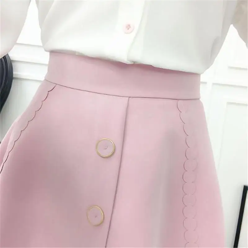 

2019 New Spring Autumn Women Ruffle Collar Long Sleeve Chiffon Shirts+Double Breasted Solid Pleated Mini Skirt 2 Pieces Sets R10