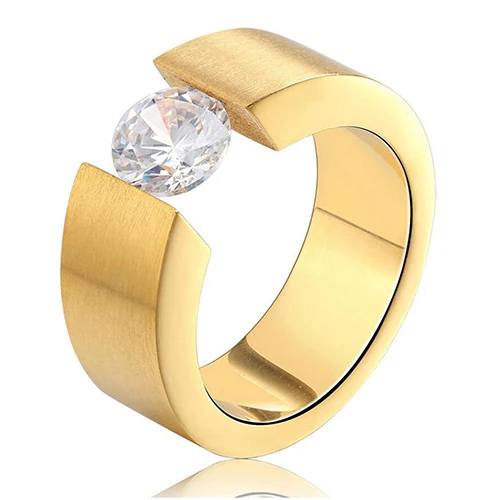 Gold Color Роскошное круглое циркониевое кольцо CZ для мужчин и женщин, Черное золото, серебро, нержавеющая сталь, обручальные юбилейные кольца, Прямая поставка - Цвет основного камня: Gold Color