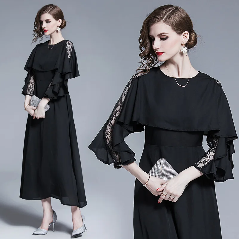 Женское платье макси с кружевной отделкой и рукавом накидкой|Женские платья| |