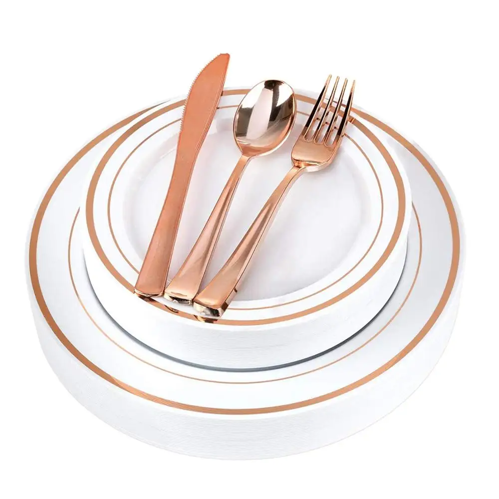 

125 pcs Disposable Rose Gold Party Dinnerware Set | Heavy Duty Plastic Plates & Silverware | Wedding Tableware Set for 25 Guest