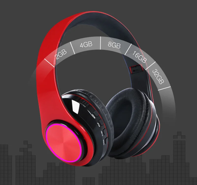 Bluetooth Наушники накладные, беспроводная гарнитура с микрофоном и холодный светодиодный светильник, Портативный и складной, шумоподавляющий стерео
