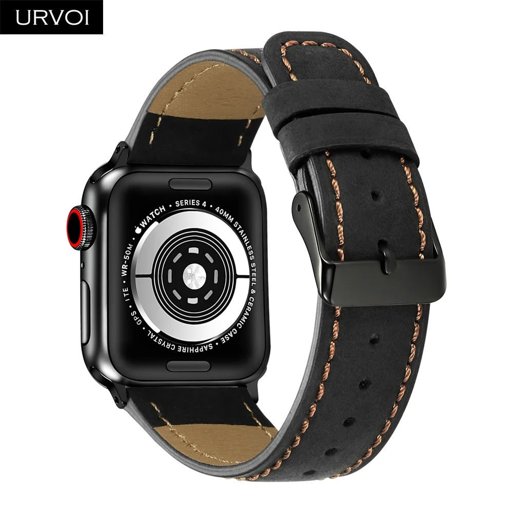 Ремешок URVOI для apple watch series 5 4 3 2 1 кожаный ремешок для iwatch с черной пряжкой мягкая и удобная телячья кожа 40 44 мм