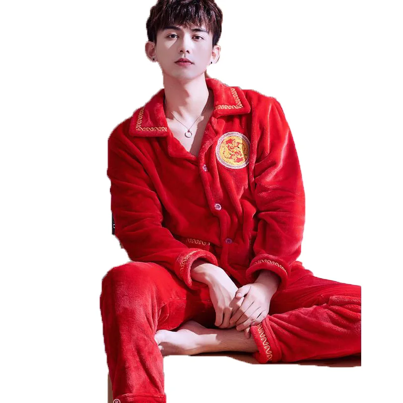 Pijama Masculino, Мужская пижама с вышивкой, зимняя теплая фланель, коралл, флисовая Пижама для мужчин, одежда для сна, Ночная одежда